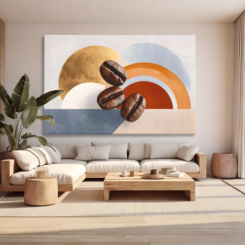 Tablou canvas cu tablou canvas cu boabe de cafea si forme geometrice, fara rama, pe sasiu de lemn, pe perete intr-un living